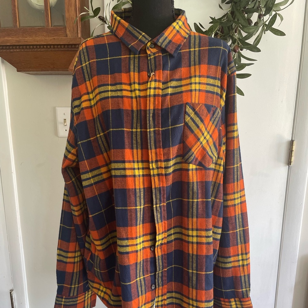 Plaid Casual Button Down Shirt - Orange and Blue